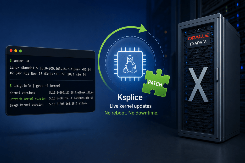 Alt text: “Dark blue technology-themed illustration showing Oracle Exadata and Ksplice live kernel patching. A terminal window displays Linux kernel and imageinfo output with different installed and uptrack kernel versions, alongside a glowing Linux kernel patch graphic and an Exadata rack. The image highlights live kernel updates with no reboot or downtime.”